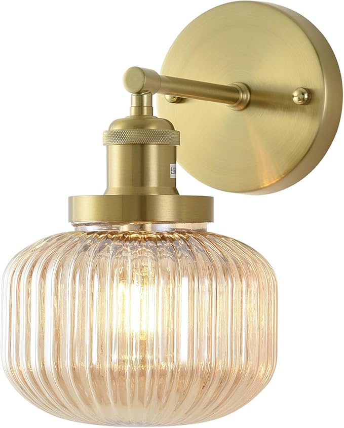Vintage Wall Sconces with Amber Pumpkin Glass Lampshade, Indoor Bathroom Wall Sconce, Modern Gold Industrial Lighting Fixture for Mirror Living Room Hallway 1 Pack - Bloomnest