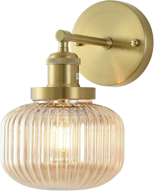 Vintage Wall Sconces with Amber Pumpkin Glass Lampshade, Indoor Bathroom Wall Sconce, Modern Gold Industrial Lighting Fixture for Mirror Living Room Hallway 1 Pack - Bloomnest