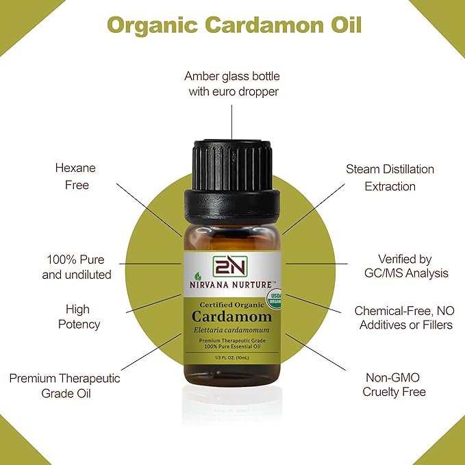 Cardamom Essential Oil, USDA Certified Organic, 100% Pure Undiluted, Aromatherapy Oil for Diffuser, Hair & Skin Care NirvanaNurture