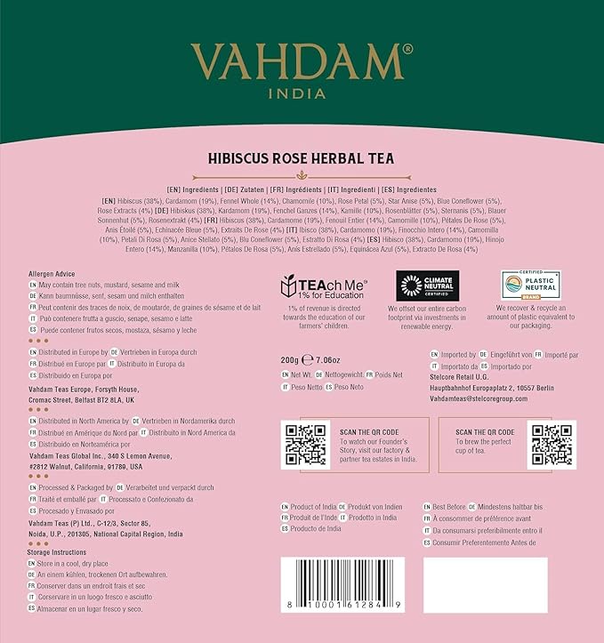 VAHDAM, Hibiscus Rose Tea Bags - 100% Whole Hibiscus Flowers Herbal Tea Bags (100 Count) With Rose, Chamomile & Exotic Spices | Caffeine Free, Floral Flavor Tisane | Resealable Ziplock Pouch - Bloomnest