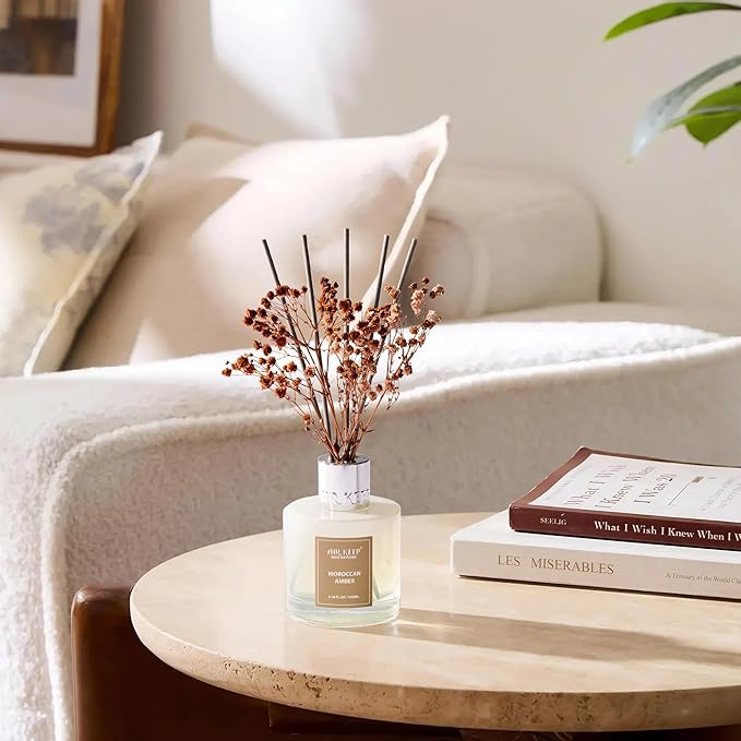 Airkeep Reed Diffuser Set,3.38 fl oz (100 ml) - Moroccan Amber Oil Diffusers with 8 Reed Sticks, Home Fragrance Reed Diffuser for Bathroom Shelf Decor