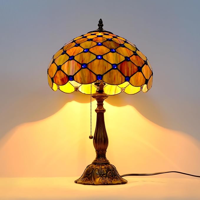 Tiffany Lamp Vintage Gradient Green Stained Glass Bead Table Lamp Desk Bedside Reading Light Decor Bedroom Living Room Home Office D12*H18 Inches (Gradient Green) - Bloomnest