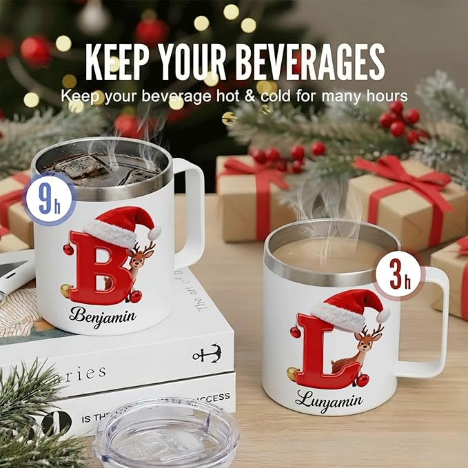 Personalized Christmas Mug | Custom Reindeer Initial Insulated Coffee Cup with Handle & Lid | 12oz Holiday Tumbler, Cute Stocking Stuffer Gift for Kids & Family (B19) - Bloomnest