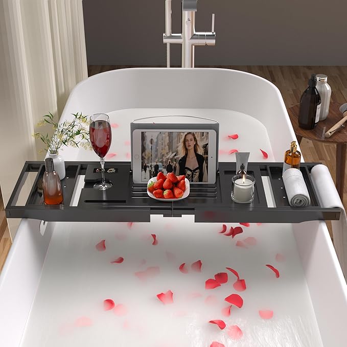 Bathtub Caddy Tray for Tub,Foldable Bath Table Trays,Bamboo Shelf with Book and Wine Glass Holder,Bathroom Accessories Suitable for Luxury Spa or Reading,Black - Bloomnest
