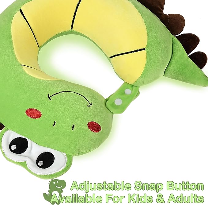 Kids Travel Pillow, Cute Dinosour Memory Foam Neck Pillow with Travel Bag, Soft Adjustable Airplane Pillow for Chin Support, Headrest- Green - Bloomnest