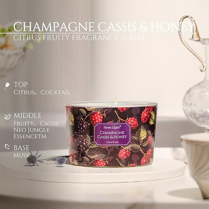 HomeLights Scented Candles for Women & Men, 18oz Candle Jars Aromatherapy 4-Wick Candle, Ideal for Eclectic Mixed Styles Home Decor and Gifts, Champagne Cassis & Honey - Bloomnest