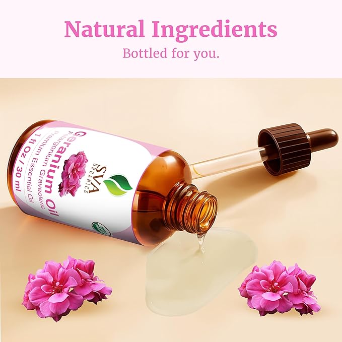 SVA Geranium Essential Oil Organic – 1 Fl Oz – 100% Natural Organic Geranium Oil - for Diffuser, Hair Care, Face, Skin Care, Aromatherapy, Scalp and Body Massage, Soap and Candle making – with Dropper - Bloomnest
