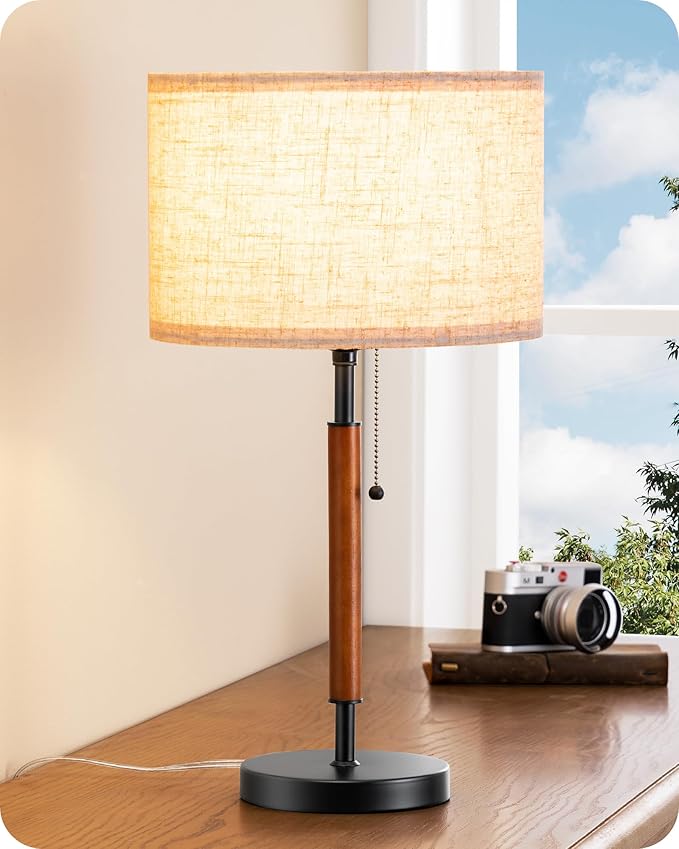 EDISHINE Mid Century Table Lamp, Pull Chain Switch Bedside Lamp with Linen Shade, Solid Wood Pole & Black Metal Base, Modern Nightstand Lamp for Bedroom, Living Room, Office, E26 Base - Bloomnest
