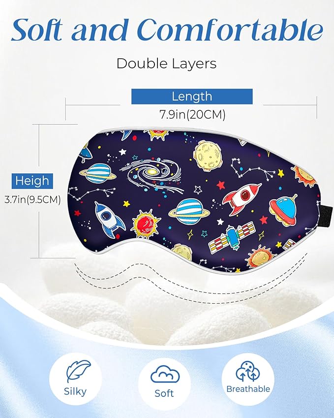 Sleep Mask for Kids - Cute Kawaii Cartoon Silk Sleeping Mask with Adjustable Strap Soft Smooth Light Eye Mask for Sleeping Silk Kids Eye Cover for Boys Girls Teens, BU Sky Rockets - Bloomnest