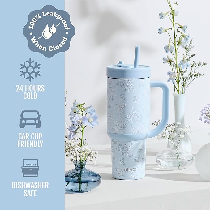 Ello Oasis 40 oz Tumbler with Handle & Retracting Straw | Reusable Insulated Stainless Steel Cup 100% Leakproof, Gifts for Teens Women Men | Keeps cold for 24 Hours, Cup Holder Friendly, Sweet Alyssum - Bloomnest