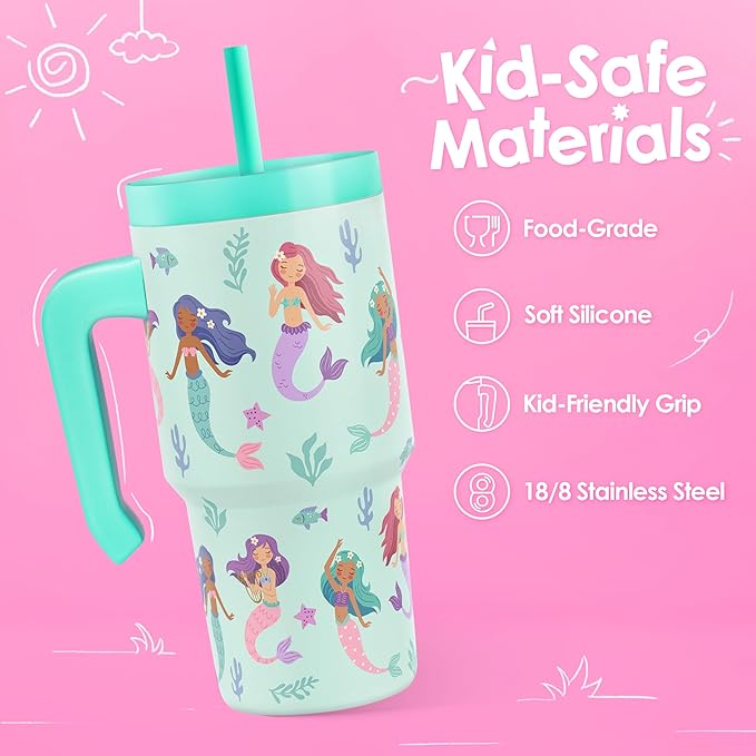 Mermaid Tumbler 20oz with Handle and Silicone Straw Lid for Kid, Insulated Stainless Steel Cup, Gift for Kids Girls, Gifts Idea for Birthday Christmas Back to School - Bloomnest