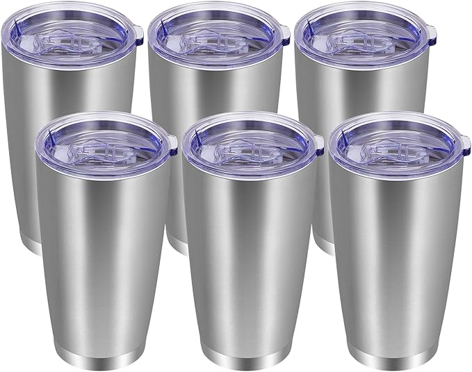 VEGOND 20oz Tumbler with Lid and Straw Stainless Steel Tumbler Cup Bulk Vacuum Insulated Double Wall Travel Coffee Mug Powder Coated Coffee Cup(Stainless 6 Pack