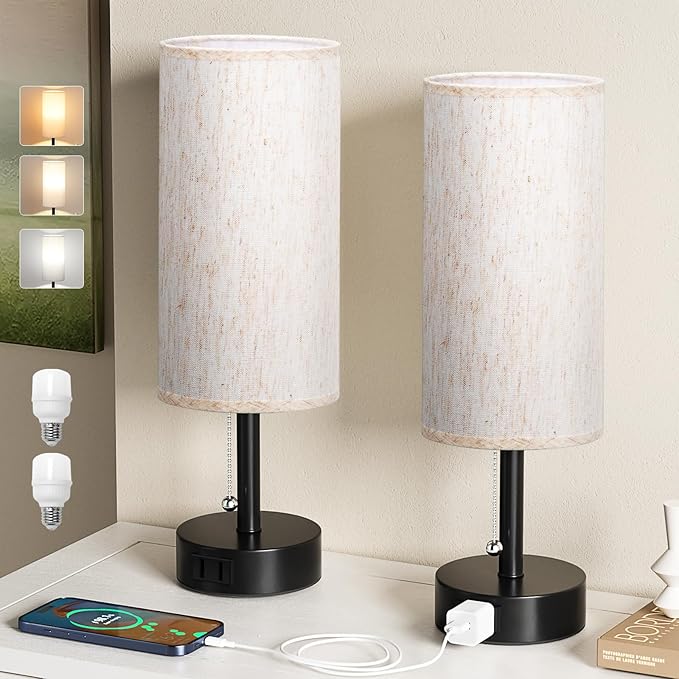 Fenmzee Bedside Table Lamps Set of 2-3 Color Temperatures Pull Chain Lamp with AC Outlet Charging Port, Small Round Night Stand Lamps for Bedroom Guest Room Office, Bed Side Light with E26 LED Bulbs - Bloomnest