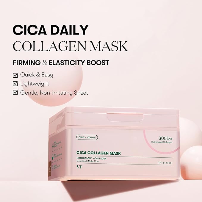 VT COSMETICS CICA Collagen Daily Mask 30 Sheets, 300Da Low Molecular Collagen for Skin Elasticity, Hydrating & Firming, Pink Collagen Essence, Korean Face Mask - Bloomnest