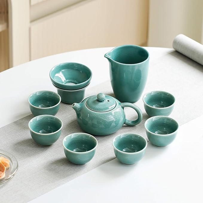 Chinese Tea Set, 10-Piece Ceramic Set with Teapot and Cups, Gongfu Tea Set,Tea Gift Sets,Outdoor and Office (Ge Kiln Green) - Bloomnest