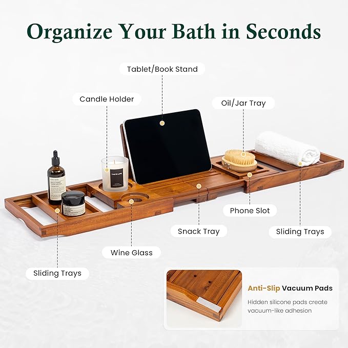 Teak Bathtub Tray, Bath Caddy with Wine Glass Holder, Phone Dock & Book Stand | Hands-Free Reading & Ultimate Spa Relaxation Experience-Natural - Bloomnest