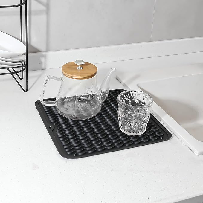 Silicone Dish Drying Mat for Multiple Usage,Easy clean,Eco-friendly,Heat-resistant Silicone Mat for Kitchen Counter or Sink,Refrigerator or Drawer liner Black M 12 inches x 12 inches - Bloomnest