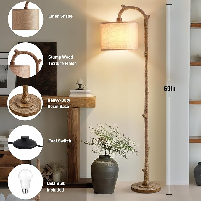 Floor Lamp for Bedroom - 69" Rustic Farmhouse Tall Lamp with 3 Color Temperatures- Country Resin Vintage Reading Light Standing Lamps for Living Room Office Classroom Home Decor, Bulbs, Brown - Bloomnest