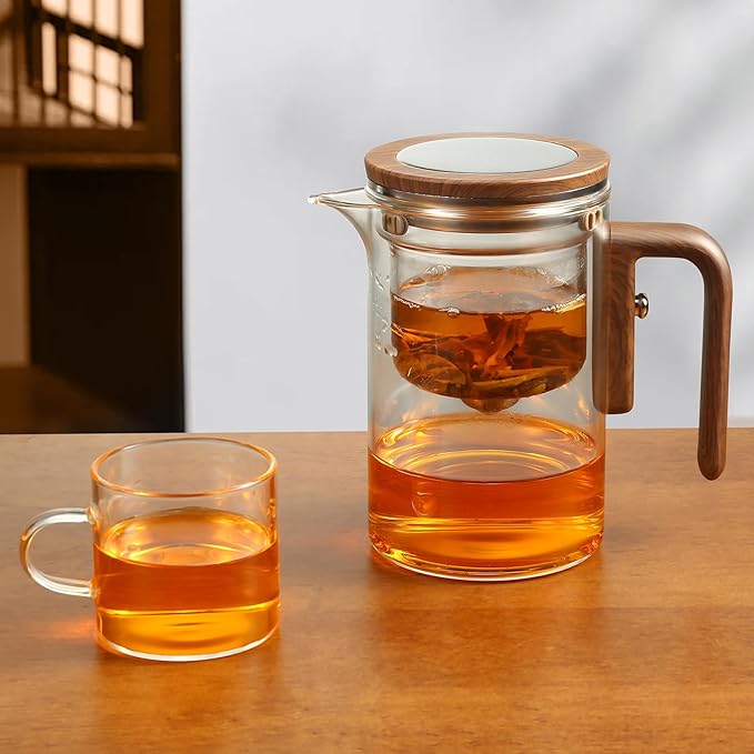 5Pcs Enchanti Tea Pot, Magic Witchcraft Enchanted Glass Teapot with Strainer -600ML,Divided Glass Teapot with Wooden Handle with 4 Wall Teacups,Push Control Magic Teapot (18FL-OZ)