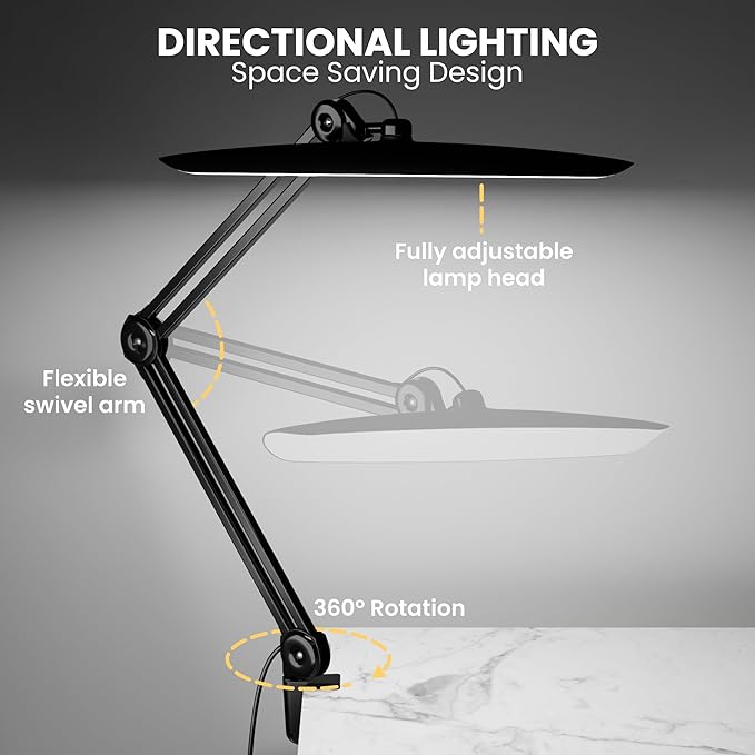 3000 Lumens Adjustable LED Desk Lamp & Task Lamp - Bright, Dimmable Lighting for Office, Crafts, Nails &Salon Hobbies with Clamp (CCT, Black) - Bloomnest