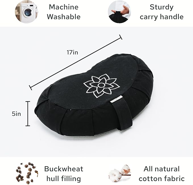 Mindful & Modern Large Meditation Cushion | Zafu Yoga Bolster Meditation Floor Pillow Seat | Buckwheat Hull Filled Crescent Shaped Cushion with Removable Washable Cover + Carry Handle - Bloomnest
