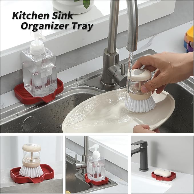Silicone Bathroom Soap Dishes with Drain Spout-Bathroom and Kitchen Sink Organizer,Sponge Holder,Dish Soap Tray,Perfect for Dispenser,Scrubber,Bottle,Cup on Sink or Counter-Red 4.9"×3.2" - Bloomnest