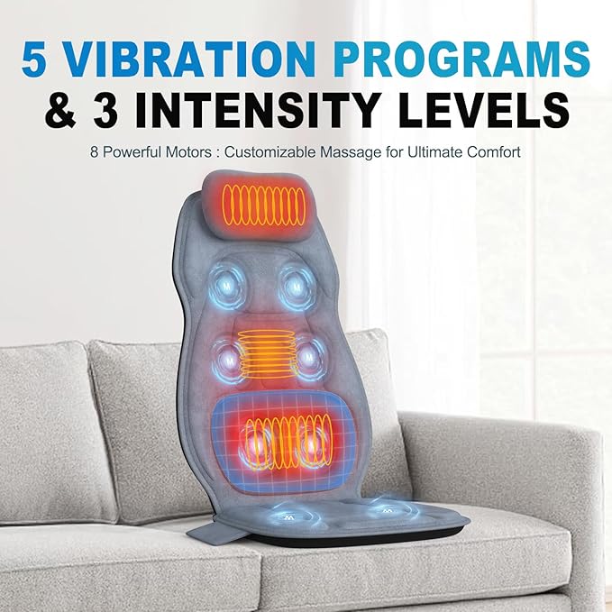 Back Massager with Heat, Full Body Massage Pad with Pillow Neck Support, Soft Plush Fabric Cover, Chair Massager with 3D Lumbar Truction and 8 Vibration Motors, Gifts for Dad Mom, Home Office Use - Bloomnest