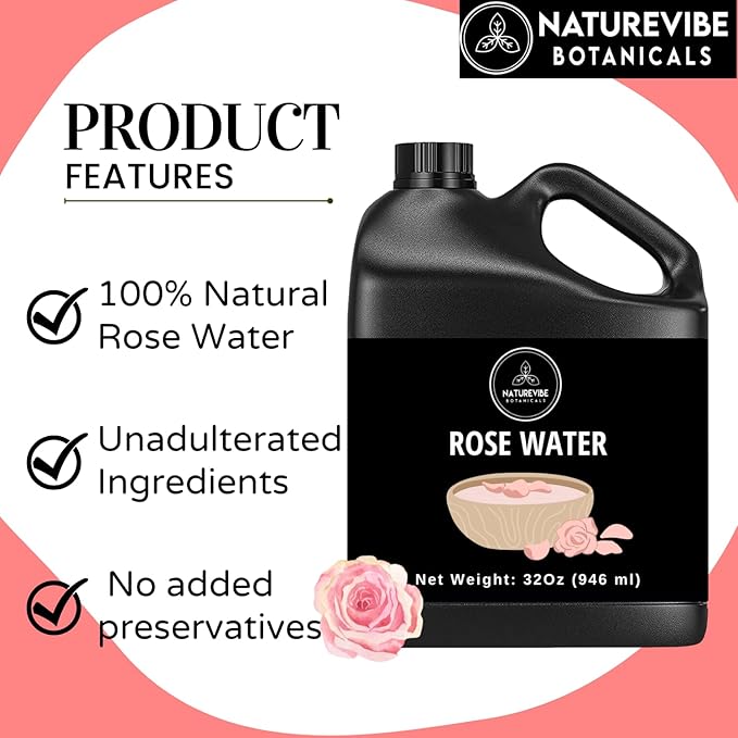 Naturevibe Botanicals Pure Rose Water Toner 32 oz Hydrating Facial Mist & Hair Spray | 100% Natural, Alcohol-Free Skin Care & Makeup Setting Spray - Bloomnest
