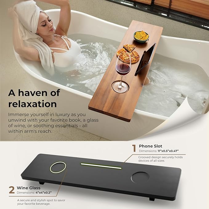 Tinamo Black Bathtub Caddy Tray Table | 35x9x2.5 Inch Large Bath Tub Tray Wooden | Anti-Tipping, Sustainable Tub Tray for Bathtub | Bathtub Accessories Holders for Bathtub (Acacia Wood) - Bloomnest