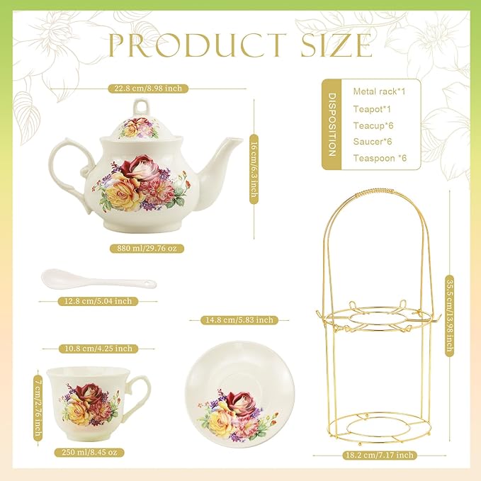 20-Pieces Porcelain Tea Sets For Women, Tea Set For Adult with Golden Metal Rack,Tea Gift Sets for Home&Party(013) - Bloomnest