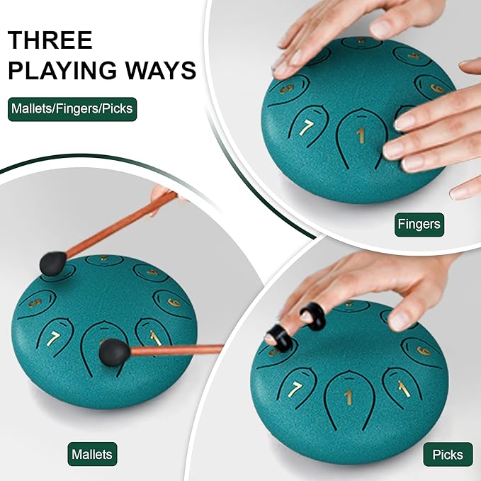 Steel Tongue Drum 6 Inch 8 Notes, Rain Drums for Outside C major, Hang Instrument, Handpan for Kids, Ethereal Hand Pan for Meditation Yoga Musical Education, Malachite Green - Bloomnest