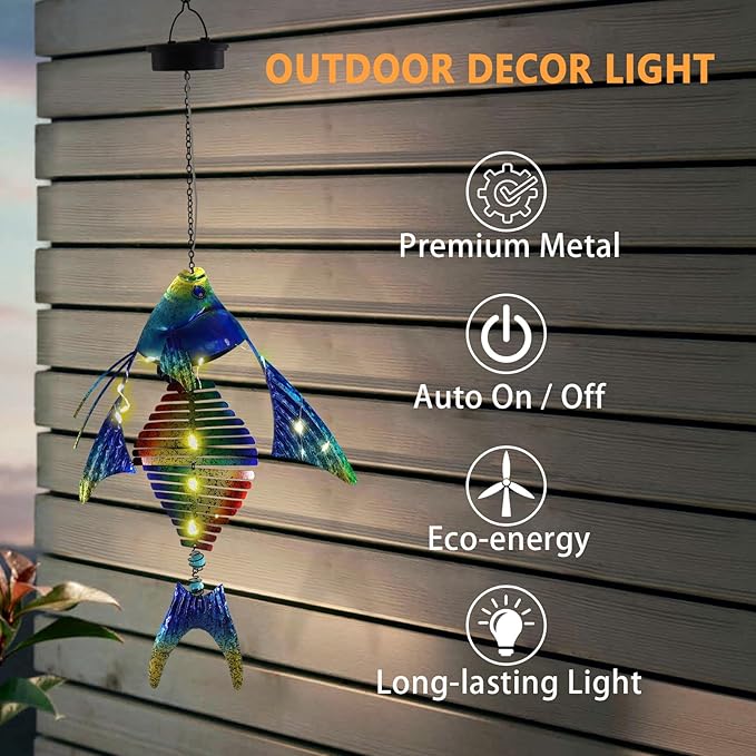 Fish Solar Outdoor Lights Hanging Lanterns Metal Decorative Lights for Backyard Porch Patio Yard Balcony Teepee Lawn Pathway… - Bloomnest