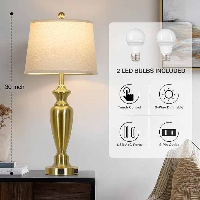 30" Tall Gold Table Lamps Set of 2, Touch Control Bedside Lamp with USB A+C Ports and AC Outlet, 3-Way Dimmable Modern Metal Nightstand Lamp for Bedroom Living Room, 2 LED Bulbs Included - Bloomnest