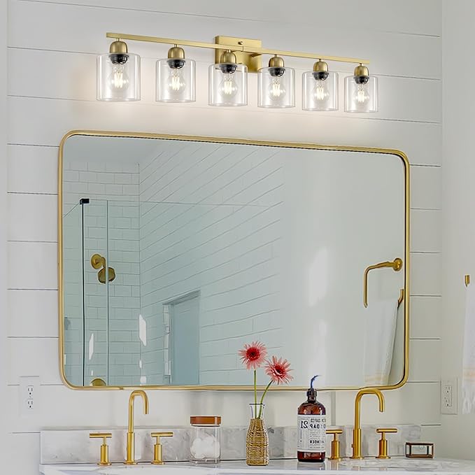 Modern Brushed Gold 6 Light Bathroom Light Fixtures,38 inch Vanity Lights for Bathroom with Clear Glass, Vanity Light for Mirror Kitchen Living Room Hallway Cabinet Porch - Bloomnest