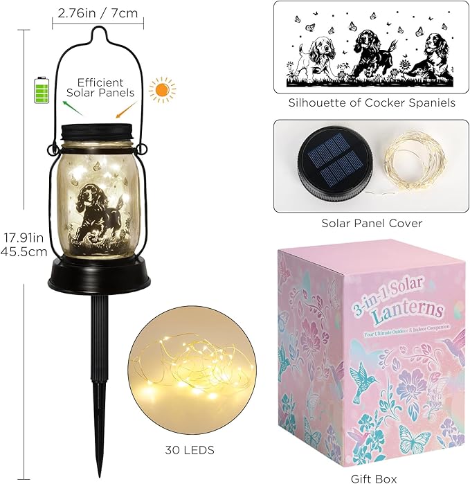 Cocker Spaniel Dog Gifts for Women/Men Cocker Spaniel Solar Lanterns Birthday Dog Lovers Lantern Pet Loss Dog Memorial Lights Solar Garden Decoration for Yard, Patio,Backyard,Porch Torches Light - Bloomnest