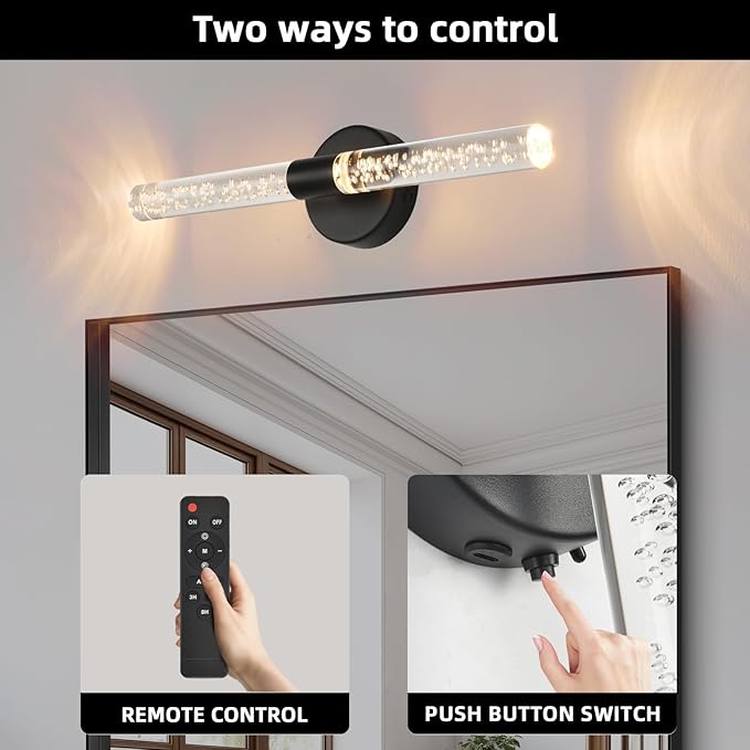 Battery Operated Wall Sconces Set of 2, Black 20'' Rechargeable Crystal Bubble Wall Sconce with Remote Control, 3000K-6000K Dimmable LED Wireless Wall Lights for Living Room Bedroom Bathroom Hallway - Bloomnest