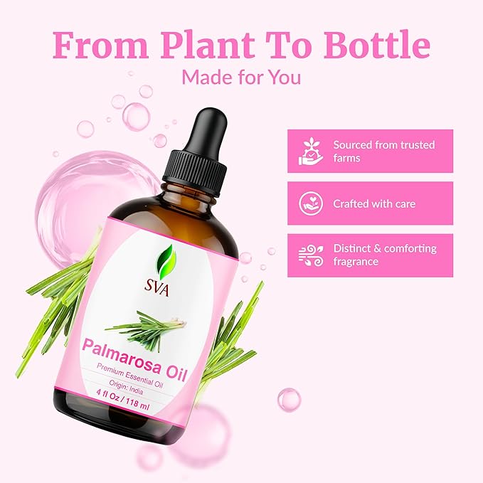 SVA Palmarosa Essential Oil – 4 Fl Oz – 100% Natural Palmarosa Oil - for Diffuser, Hair Care, Face, Skin Care, Aromatherapy, Scalp and Body Massage, Soap and Candle Making – with Dropper - Bloomnest