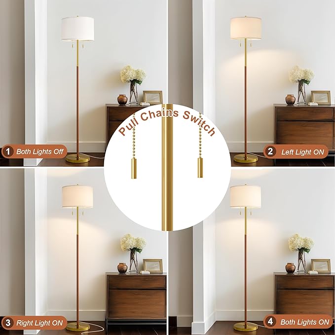 61" Wood Floor Lamp for Living Room 2-Light Standing Tall Lamps Mid Century Modern Floor Lamps for Bedroom Office Nursery Corner Industrial Reading Room Lamp, 3 Color Temperatures 9W Bulbs Included - Bloomnest
