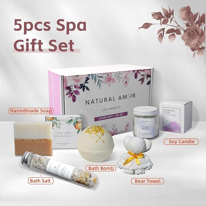 Natural Amor Handmade Spa Gifts for Women, Relaxing 5pcs Spa Gift Set for Women Including Citrus Handmade Soap Bar, Soy Candle, Bath Salt, Bath Bomb - Bloomnest
