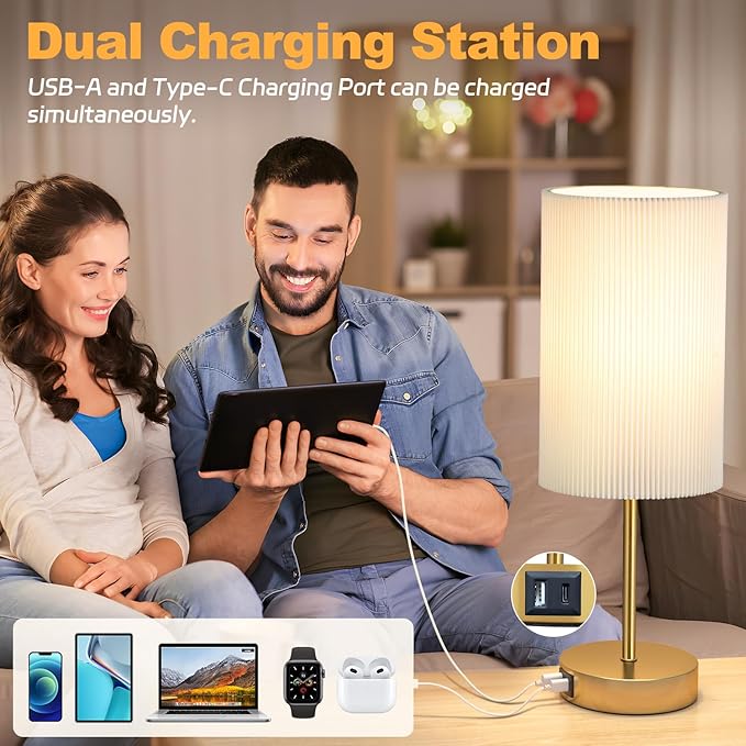 AKASUKI 18Inch Table Lamp with Dual Charging Station, 3 Way Dimmable Touch Lamp for Bedroom, Living Room, Office(LED - Bloomnest