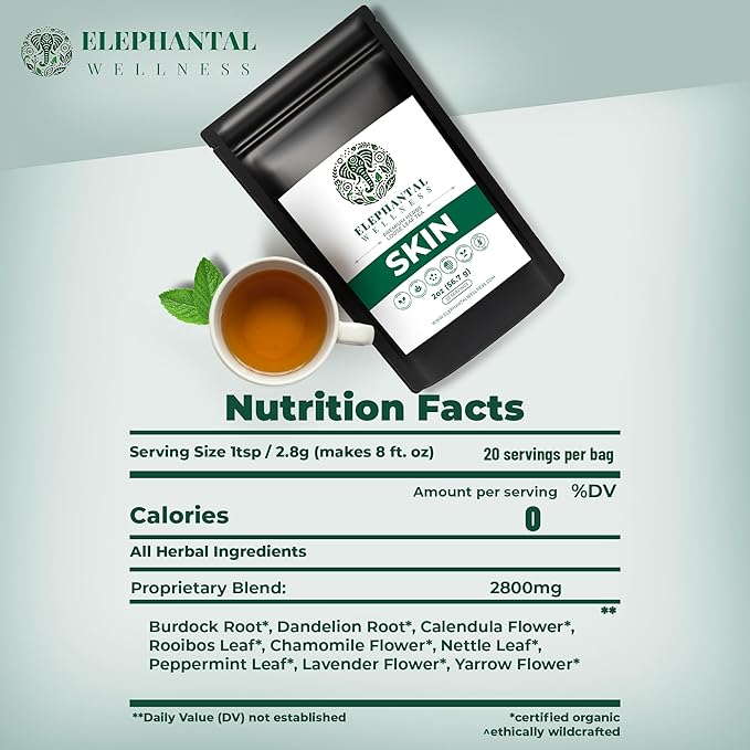 Elephantal Wellness Premium Skin Herbal Tea | Radiance & Clarity Support with Burdock, Dandelion, Calendula & Lavender | Non-GMO, Caffeine-Free, Handmade Loose Leaf Blend, 2oz Loose Leaf, 20 Servings - Bloomnest