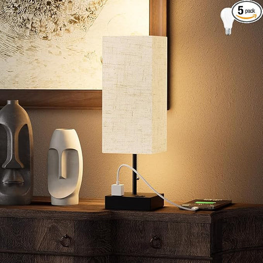 Table Lamp for Bedroom with USB,Bedside Lamp with USB C+A Charging Ports,Adjustable 3color LED Light for Home Decor/Nightstand/Office,Included Bulb and Fabric Lamp Shade (Linen White, 1PCS) - Bloomnest