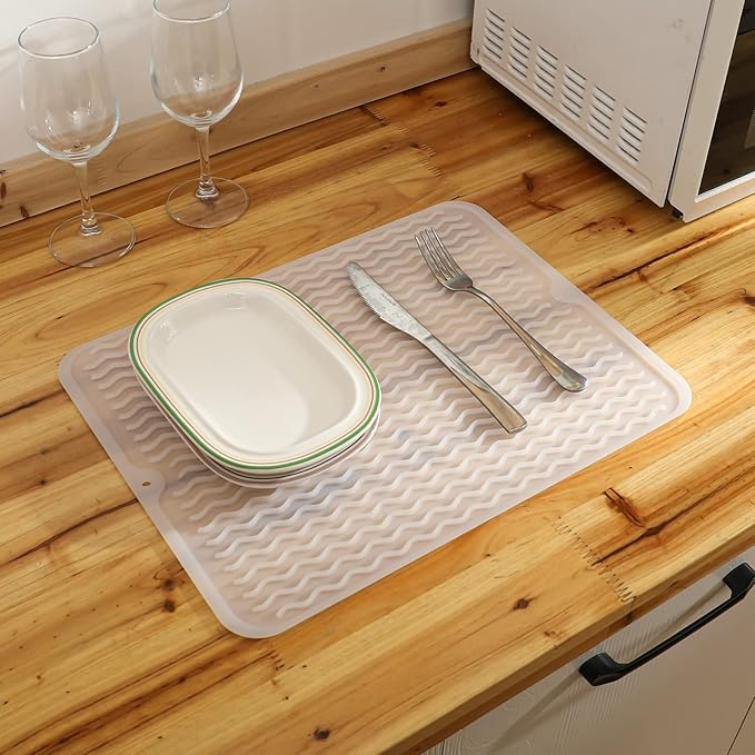 Silicone Dish Drying Mat for Multiple Usage,Easy clean,Eco-friendly,Heat-resistant Silicone Mat for Kitchen Counter or Sink,Refrigerator or drawer liner Translucent L 16 inches x 12 inches - Bloomnest