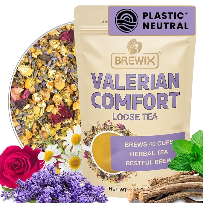 BREWIX, Valerian Comfort Tea for Sleep and Relaxation (40+ Cups, 2.82oz/80g) Caffeine-Free and Calming for Bedtime | Valerian Root, Chamomile & Lavender | Perfect Wellness Sleep - Bloomnest