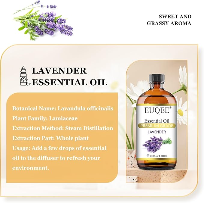 EUQEE Lavender Essential Oil 118mL Pure Lavender Oil Large Capacity Essential Oil with Glass Dropper for Diffuser, DIY Candle - 4Fl. Oz - Bloomnest