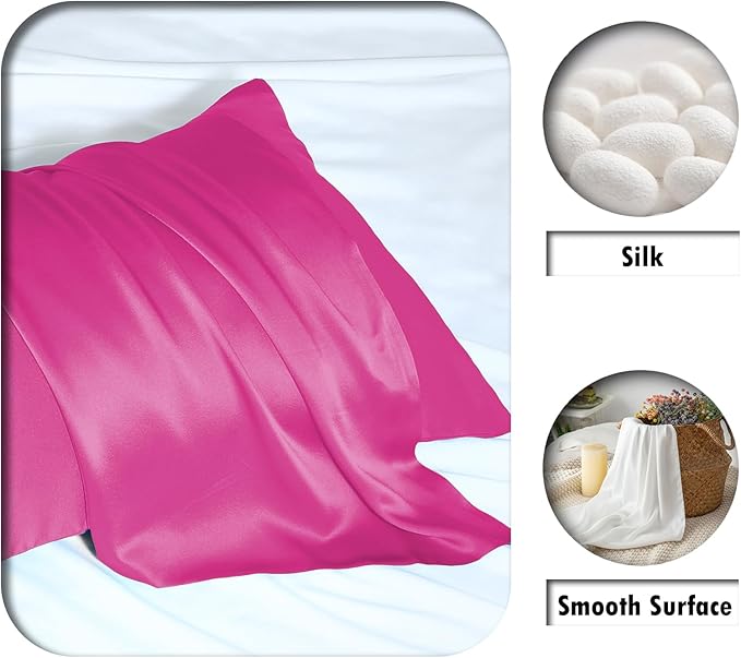 Silk Pillow Cases 2 Pack,Soft Breathable and Sliky Standard Size Pillow Cases Set of 2,Natural Mulberry Silk Pillowcase Set of 2 for Hair and Skin with Hidden Zipper (Hot Pink,20"X 26",2pcs) - Bloomnest