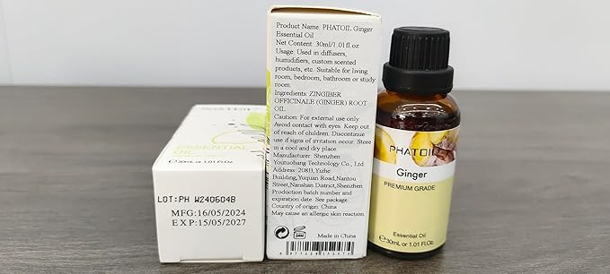 Ginger Essential Oil, 1.01Fl.Oz (30ML) PHATOIL Pure Essential Oil Singles for Aromatherapy Diffusers, Humidifiers, Great for DIY Candle and Soap Making, Gift for Friend PHATOIL