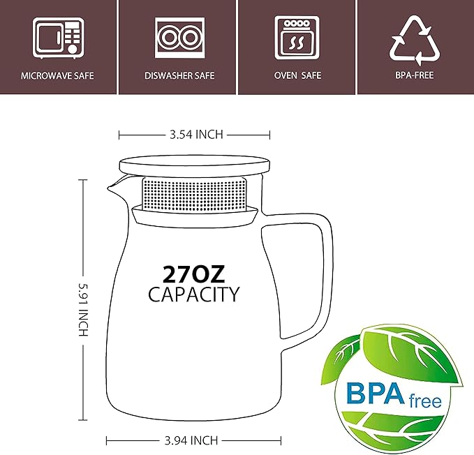 CNGLASS One-Touch Glass Teapot, 27oz(800ml) Glass Tea Kettle with Stainless Steel Filter Lid, Stovetop Safe Loose Leaf Tea Maker - Bloomnest