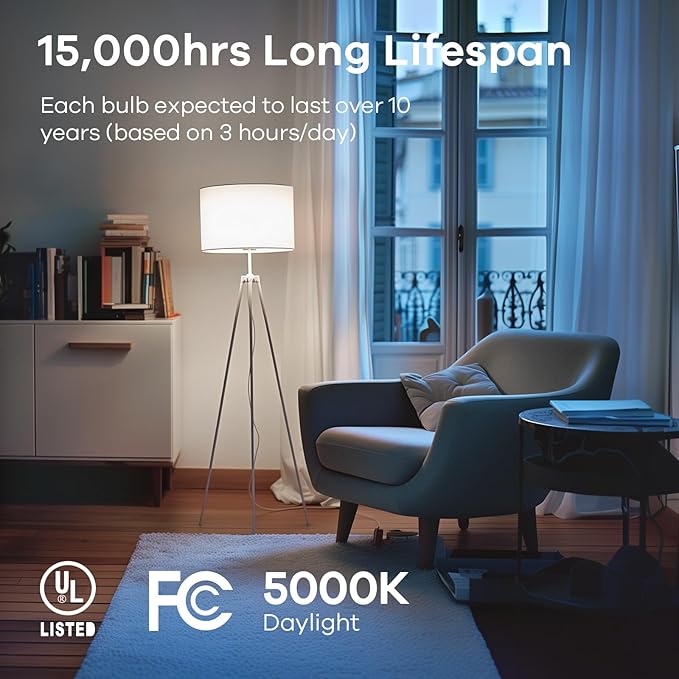 Linkind A19 LED Light Bulbs Dimmable, 100W Equivalent, E26 Base, 5000K Daylight, 15.5W 1600 Lumens CRI80+, 120V, UL Listed FCC Certified, LED Lights for Bedroom Living Room Home Office, 6 Packs - Bloomnest