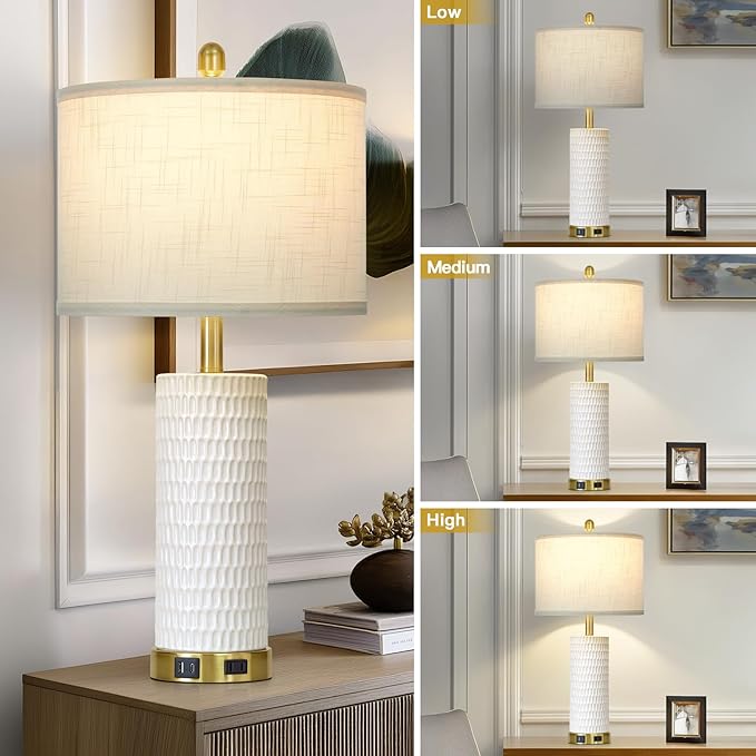 27" White Ceramic Lamps for Living Room, 3-Way Dimmable Touch Ceramic Table Lamp Set of 2 for Bedroom，Rustic Farmhouse Bedside Lamp with USB A+C & Outlets, Elegant Bedroom Lamp for Nightstand - Bloomnest